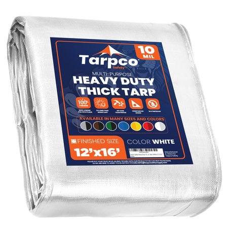 TARPCO SAFETY 16 ft L x 0.5 mm H x 12 ft W Heavy Duty 10 Mil Tarp, White, Polyethylene TS-154-12X16